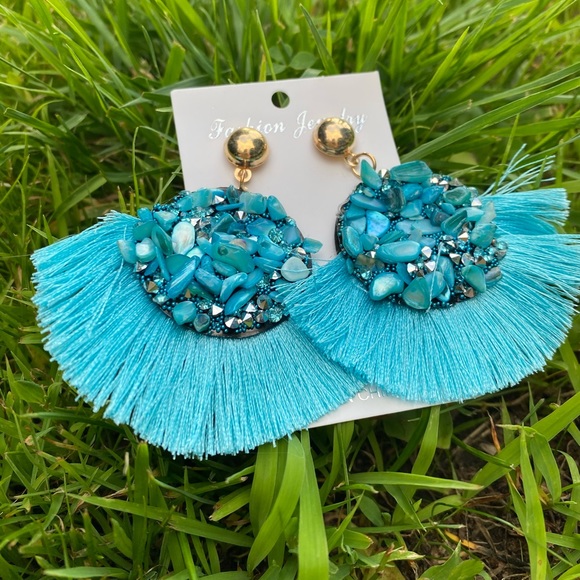 ‼️ Blue Teal Sky Blue Stone Diamond Fan Earrings - Picture 2 of 6